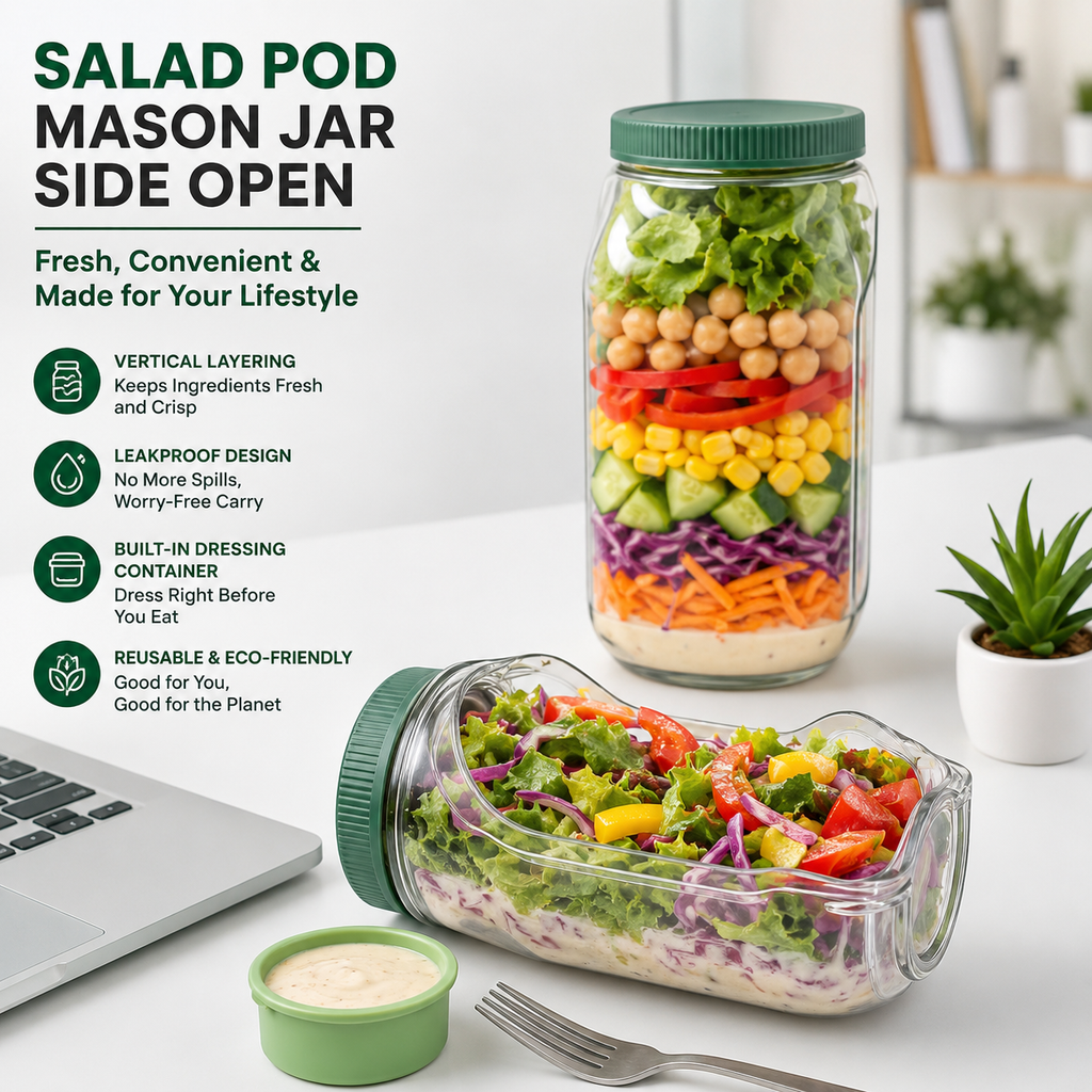 Salad Pod Mason Jar Side Open – Leakproof Vertical Layering Salad Jar with Built-In Dressing Container