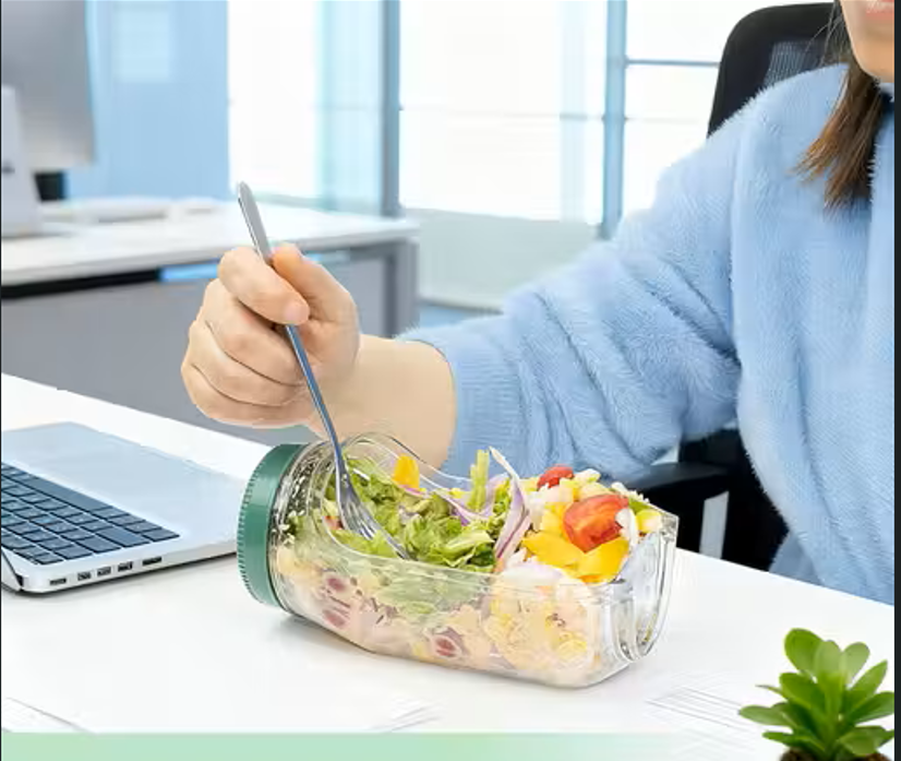 Salad Pod Mason Jar Side Open – Leakproof Vertical Layering Salad Jar with Built-In Dressing Container