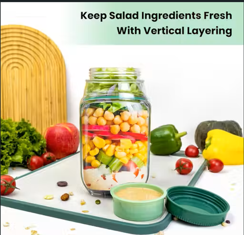 Salad Pod Mason Jar Side Open – Leakproof Vertical Layering Salad Jar with Built-In Dressing Container